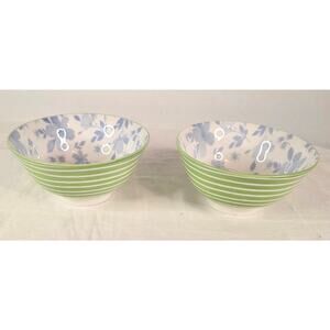 Pair Unbranded Stoneware Bowls Blue White Florals Green Stripes 6 1/4" Diameter